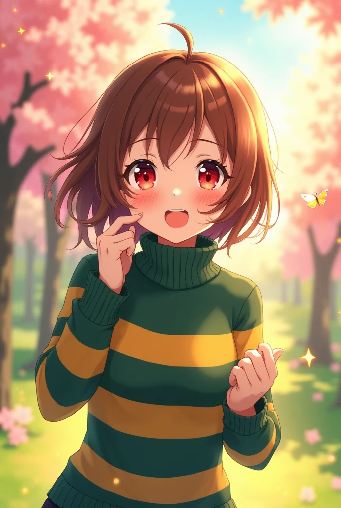 an anime girl with red eyes and short brown hair wearing a dark green and yellow striped turtleneck sweater doing a cute pose