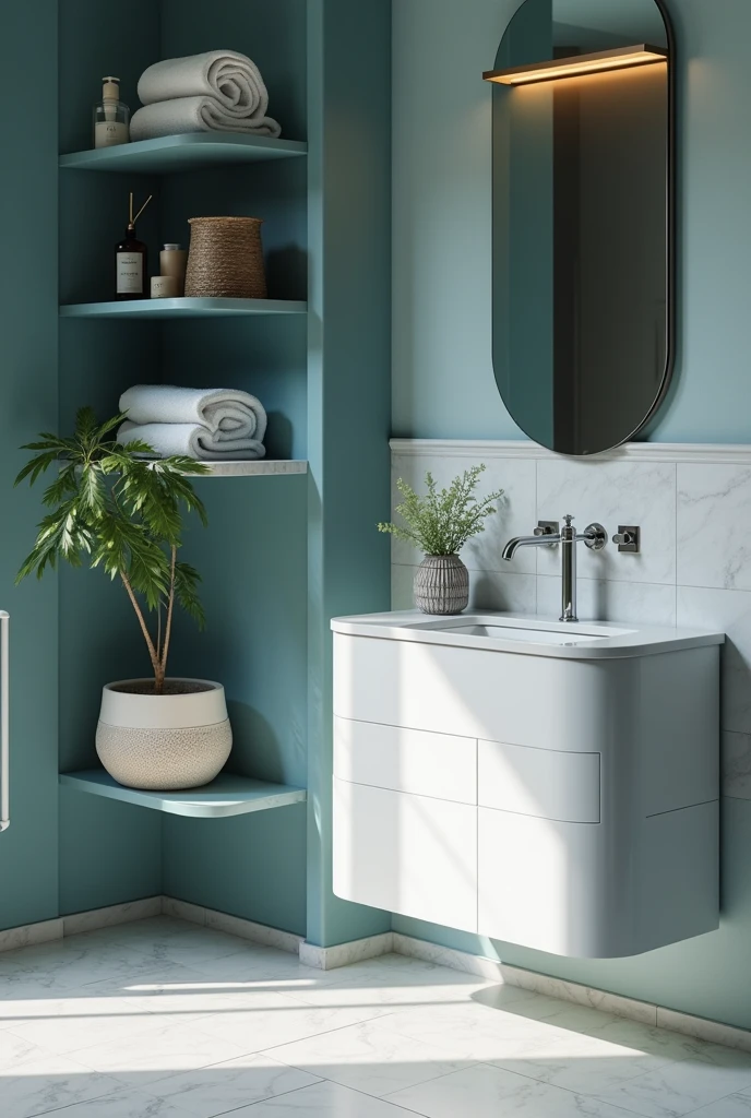An elegantly designed home bathroom , with a minimalist style. The focus is on cleanliness and simplicity of the space. This description is for a photograph that captures the sleek, modern aesthetic of the bathroom.. The image shows the flawless surfaces, elegant lines, and thoughtful design elements that elevate the mundane space into a sophisticated oasis. Lighting highlights every detail, creating a sense of elegance and refinement that sets it apart from typical home bathrooms. the color of a wall in a shade of petrol blue, portrays all sophistication and calm.