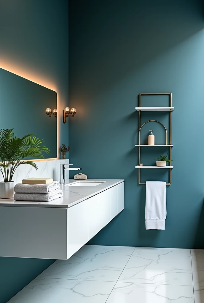 An elegantly designed home bathroom , with a minimalist style. The focus is on cleanliness and simplicity of the space. This description is for a photograph that captures the sleek, modern aesthetic of the bathroom.. The image shows the flawless surfaces, elegant lines, and thoughtful design elements that elevate the mundane space into a sophisticated oasis. Lighting highlights every detail, creating a sense of elegance and refinement that sets it apart from typical home bathrooms. the color of a wall in a shade of petrol blue, portrays all sophistication and calm.