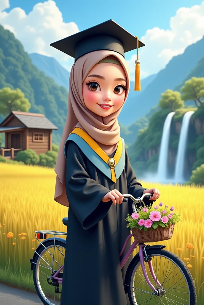 Realistic Karikatur, A women wearing hijab, pastel brown color hijab, wearing black graduation hat, wearing pastel blue graduation hood with yellow color on the edge, wearing black graduation gown, Long graduation gown that covers the ankles, wearing black shoes , women shoes, rice field background with flowers , wooden house background, waterfall background,mountain background, Bicycle background with flower basket , kawaii theme designs, kawaii poses