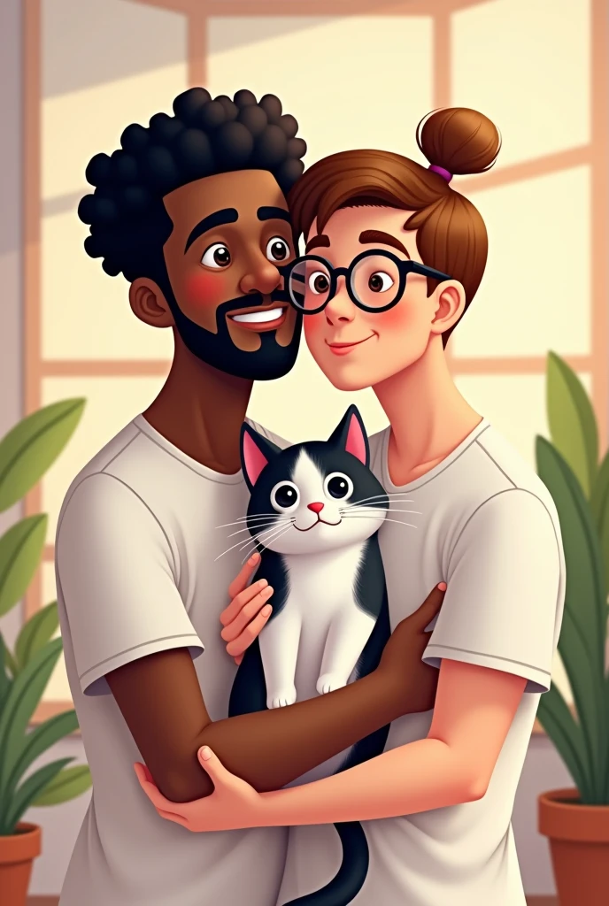 A Illustration of a brown-skinned man, with a mustache and goatee, short, curly, black hair, Wearing white short sleeve t-shirt, hugging a white man, who wears glasses, with thin lips and a shy smile wearing a white short-sleeved t-shirt, With straight, brown hair with a topknot, holding a cat with black and white fur.