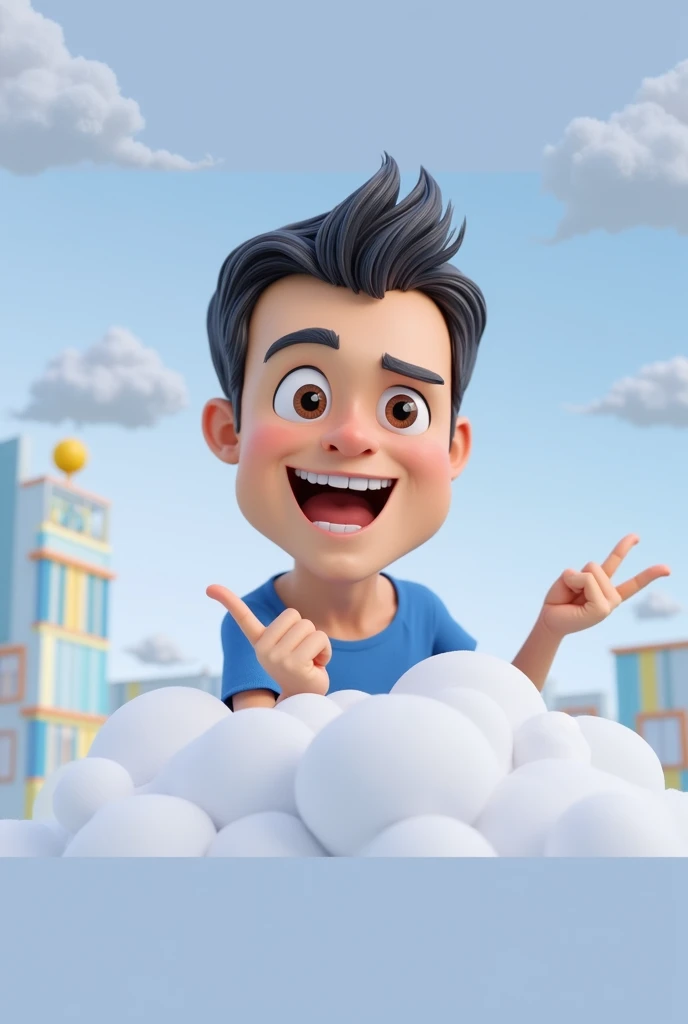 Cartoon character of a man blue shirt, an animated character, stylized character, animation style rendering, 3d stylized, smiling and making a cool hand sign