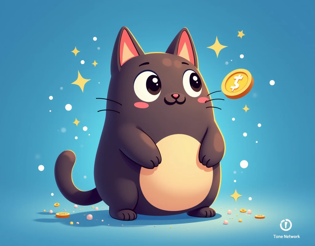 coin logo , tone network , dark brown cat , blue background , oggy inu , cat inu , fat