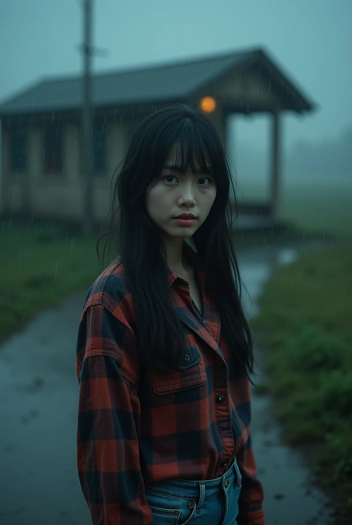 (masterpiece:1.2),best quality,high quality,(realistic),(absurdres:1.2),UHD,ultrarealistic, (rainy night, dark, dark photo, grainy, dimly lit:1.3),a young female (asian features) standing alone in front of an old,shabby,unlit transit station in a deserted countryside on a dark night,full body,(beautiful eyes), 20 years old,long black hair,bangs,plaid, jeans,looking at viewer,fog, noise,film grain,depth of field,analog film style,vivid color, frontal view
