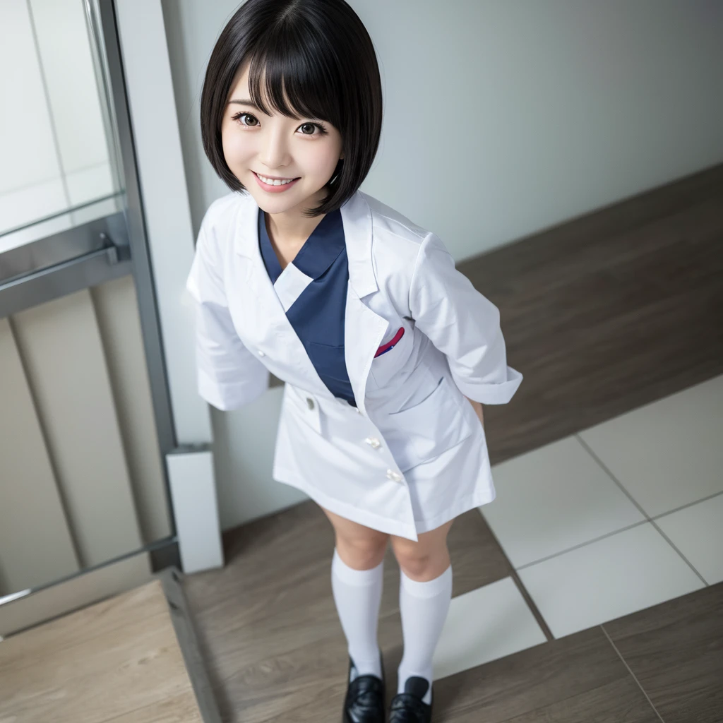 White knee-high socks、Nurse uniform、White pumps、Japanese women、whole body、Black Hair、short hair、Standing posture、smile、 High resolution, Gaze, Anatomically correct, Highest quality、20-year-old