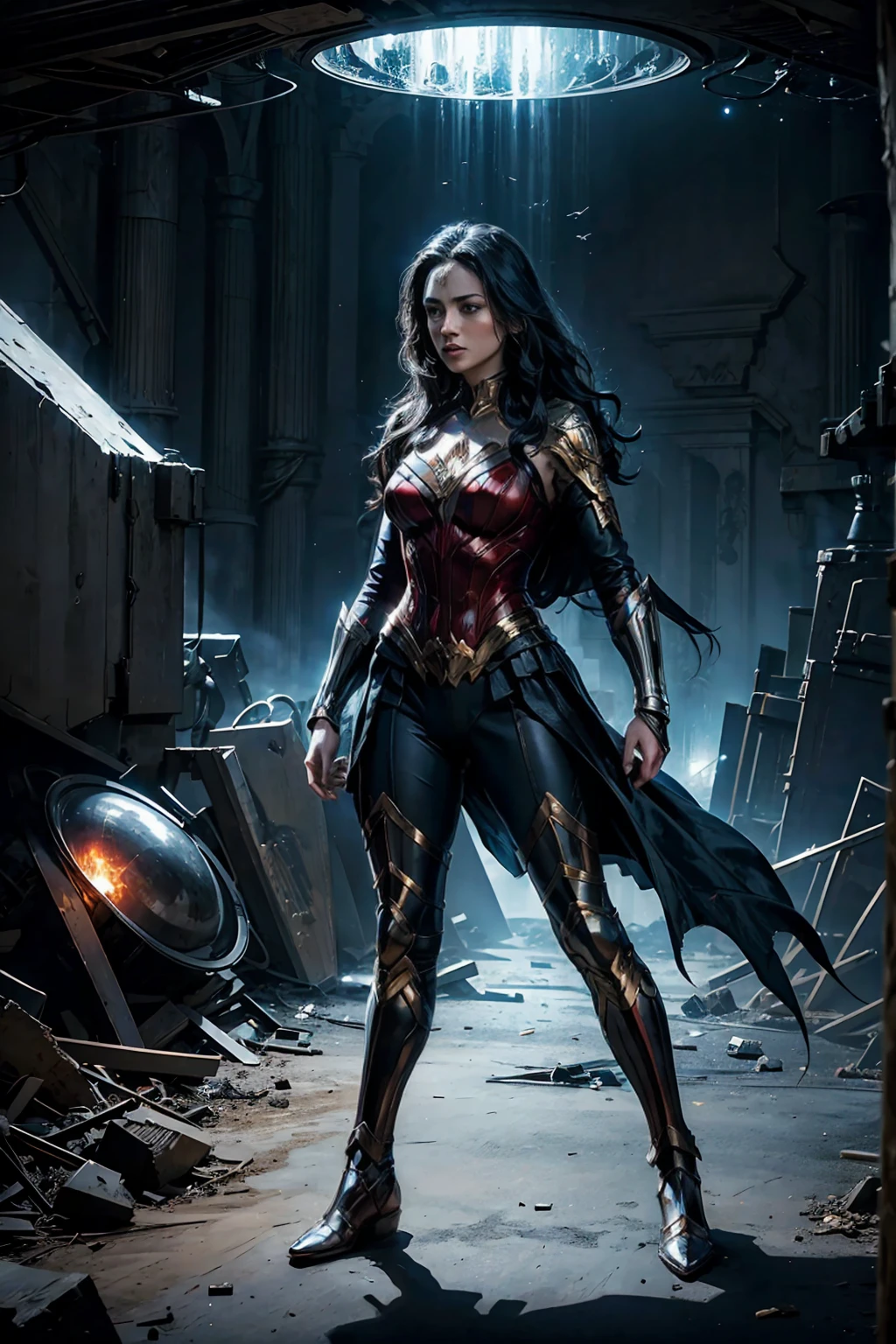 ((Full body photo, standing, feet on the floor)) a scene from a movie Expansive landscapes dark fantasy image full - length dark force dominated evil superheroine alias Wonder Woman alliance action scene, dramatic, cinematic style, Ethereal landscapes, Vibrant colors, Intricate details