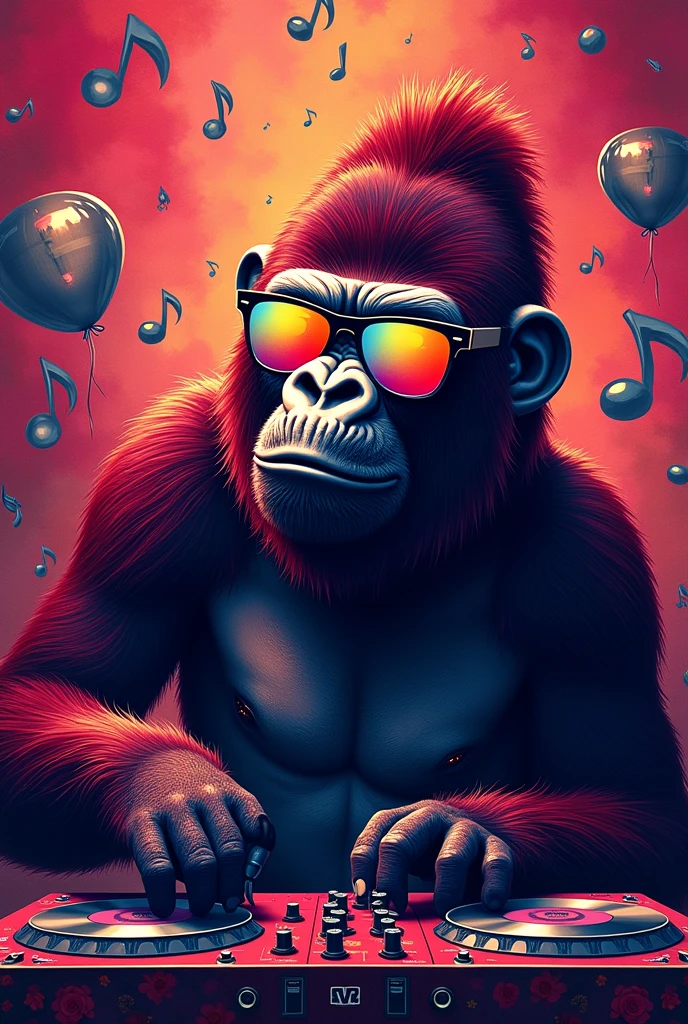 Gorila dj, sunglasses, PNG, drawn, maximalism, surrealismo, cor predominante vinho, obra de arte