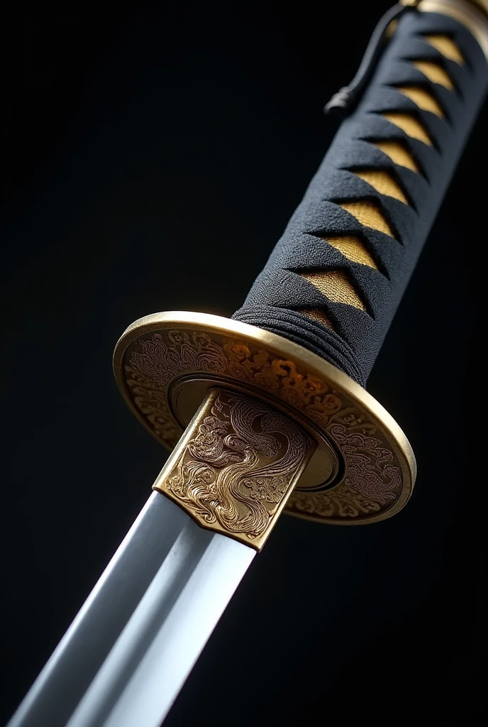 A katana with an elegant and minimalist look, with a blade that shines with a silver glow and has a mirror finish. The hilt is wrapped in a black and gold cloth, with details in the form of waves and wind, symbolizing fluidity and precision. The guard (smoke) It has engravings of intertwined dragons and cloud motifs, representing power and freedom.