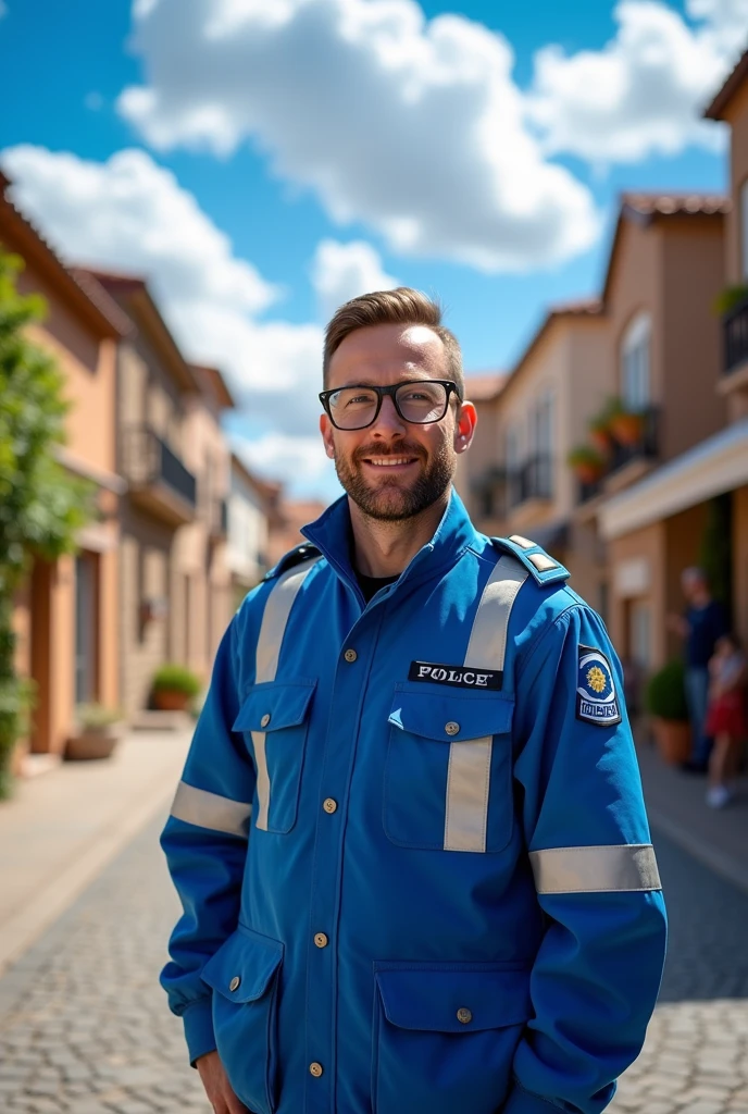 A man wearing a police safety suit and safety glasses,Saint-Lo
