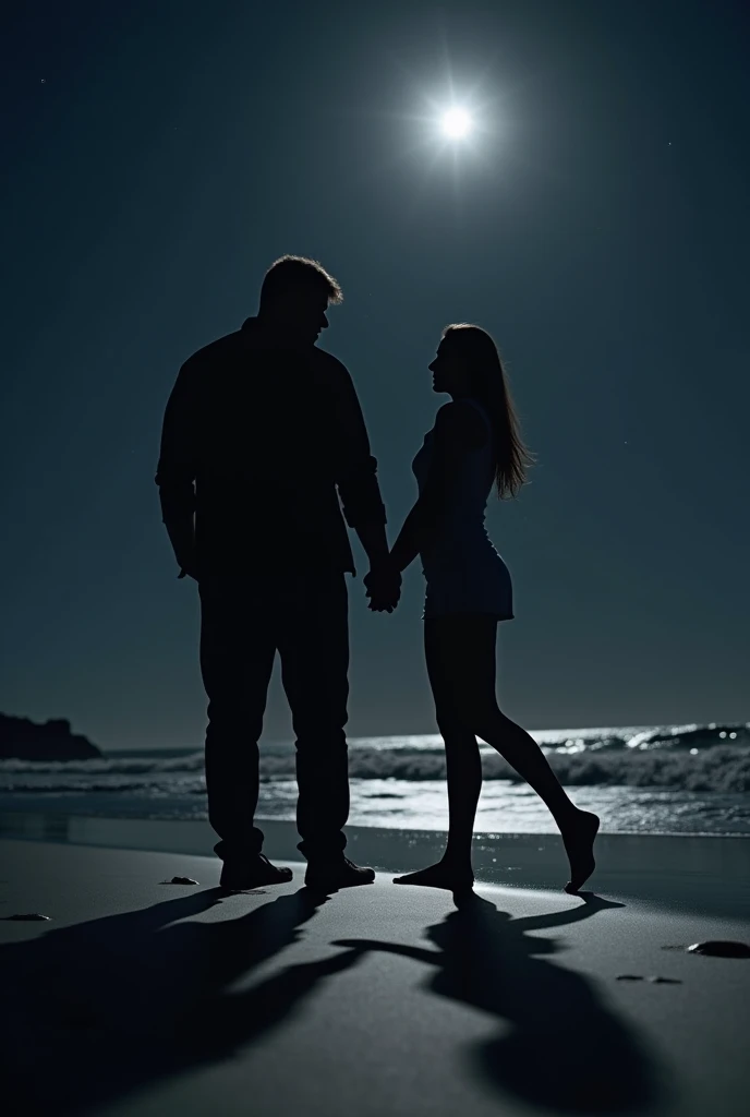 A beach photo with a friend chilling only the shadow should be visible and one person should be fat and tall the other person should be small and thin. With night photo taken at 3 . Should be dark only shadows should be visible not the body and it should be real