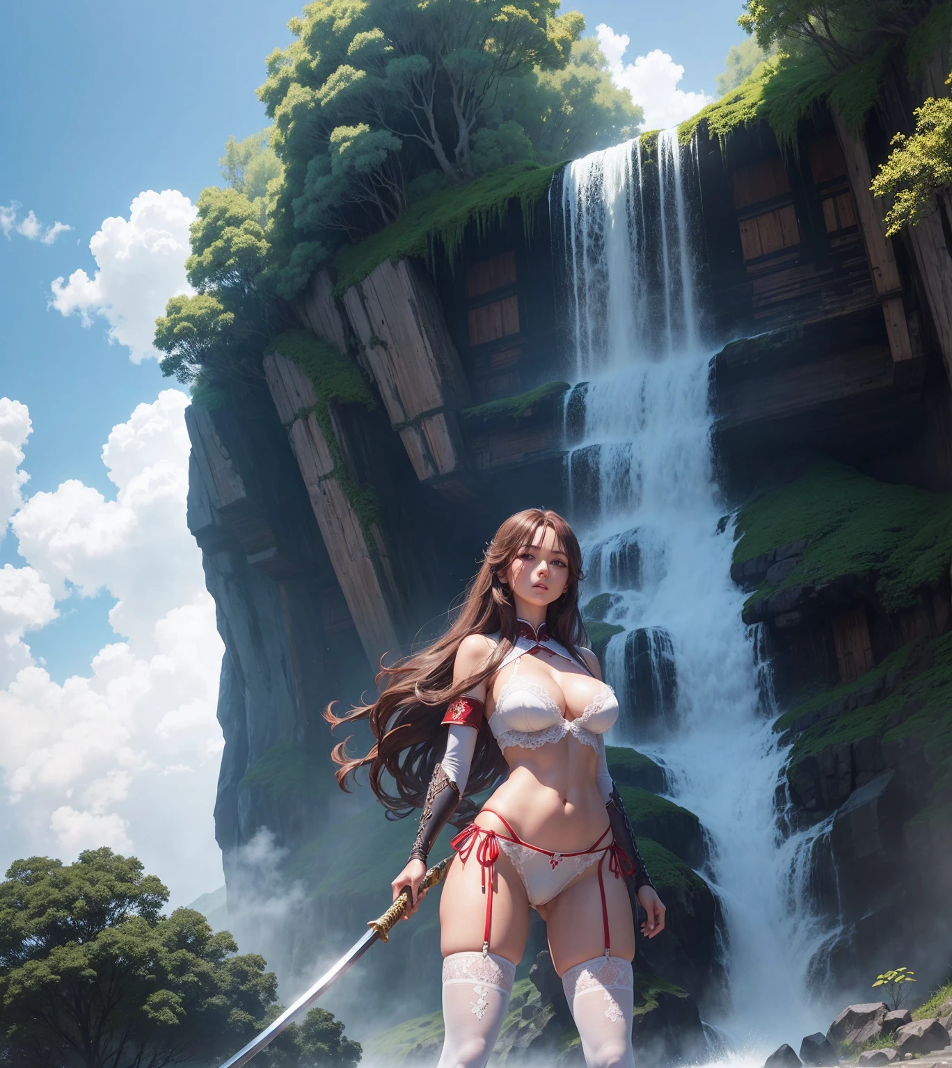 Garota, em postura de batalha, de costas, Uma mulher vestida de lingerie vermelha segurando uma espada em frente a uma waterfall, Kizi, in battle stance, standing backwards, a shiny katana (holding it by the handle), very long brown hair, blue colored eyes, big-ass, red thong with strings, white lace thigh high stockings, cinematic light, Trees, waterfall, Chinese shrine, blue sky, white clouds, seminua, breasts big, quase nua, great breasts 