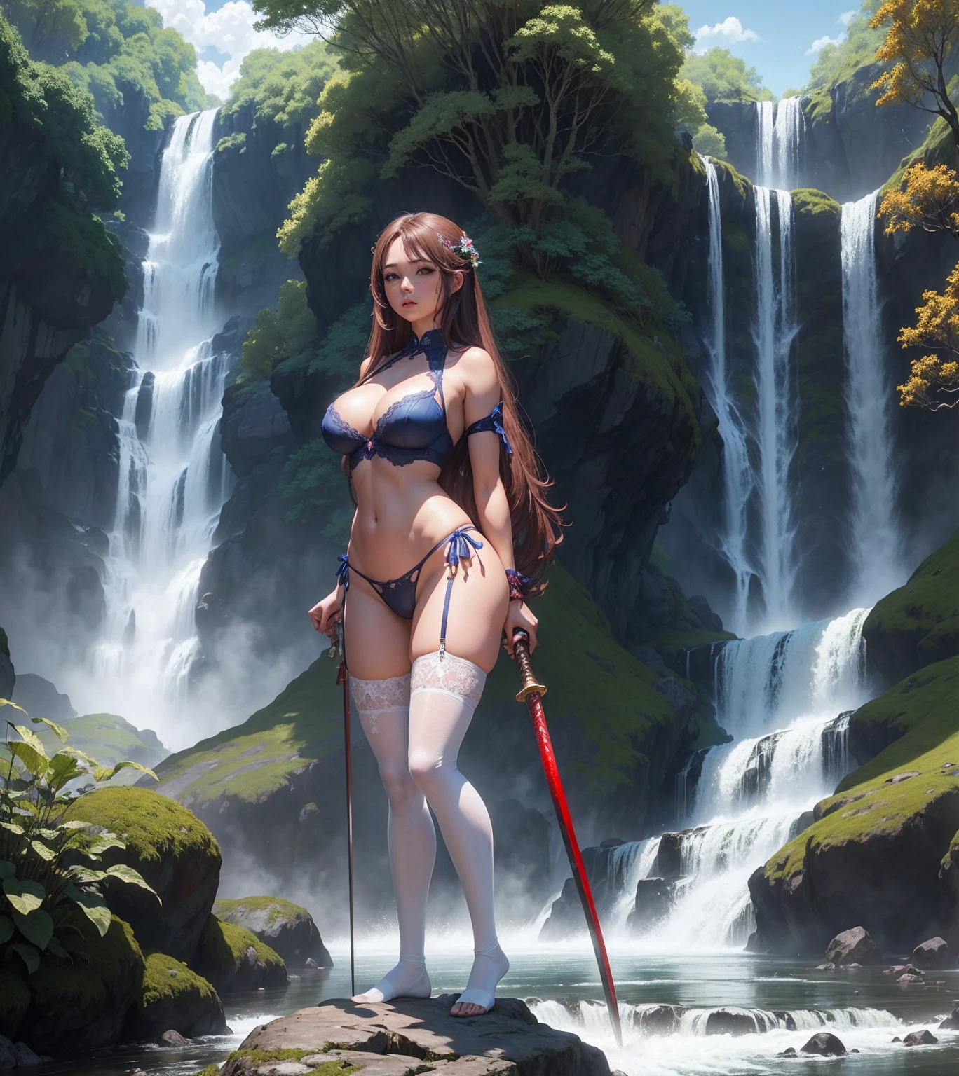 Garota, em postura de batalha, de costas, Uma mulher vestida de lingerie vermelha segurando uma espada em frente a uma waterfall, Kizi, in battle stance, standing backwards, a shiny katana (holding it by the handle), very long brown hair, blue colored eyes, big-ass, red thong with strings, white lace thigh high stockings, cinematic light, Trees, waterfall, Chinese shrine, blue sky, white clouds, seminua, breasts big, quase nua, great breasts 