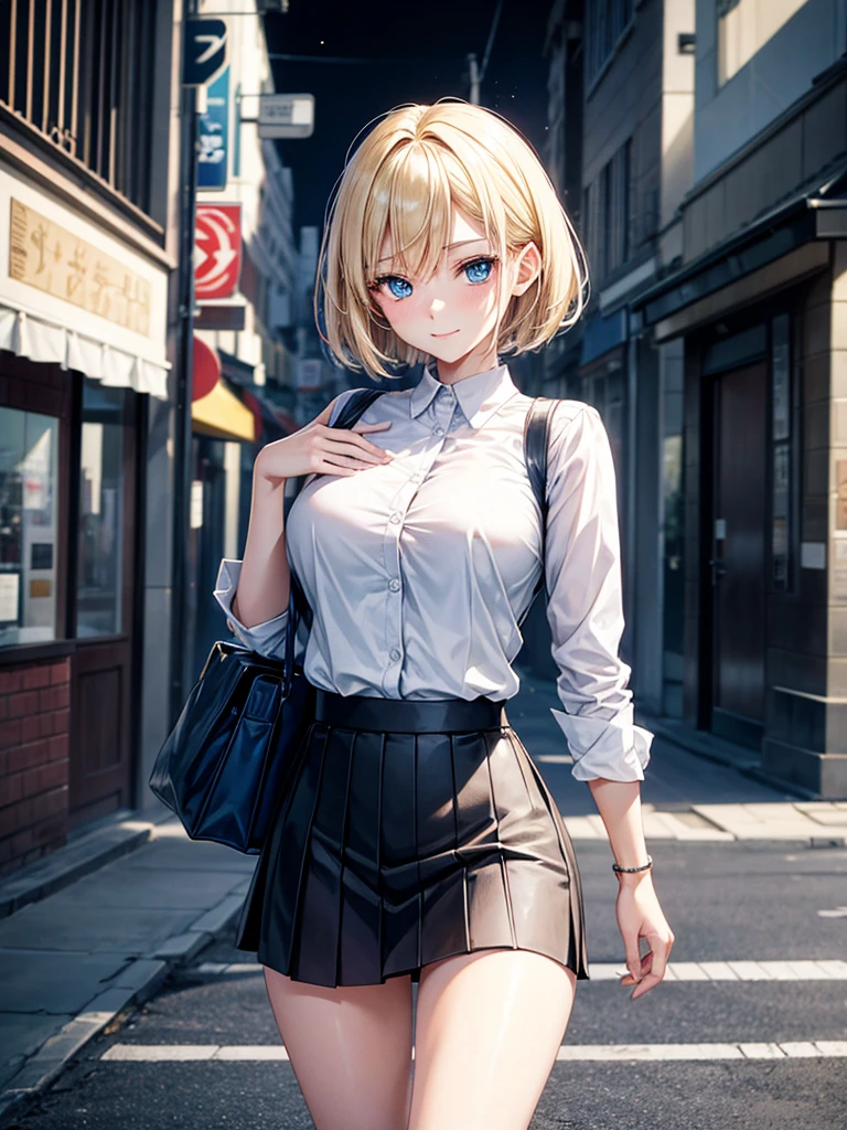 Anime style, super fine illustration, highly detailed, beautiful detailed, pale tone image, static representation, gentle expression, 8k, pretty 1girl with blonde straight short hair & blue eyes & a bright smile & full bust & soft fair skin is wearing big white business shirt not to show her skin & black tight skirt & 1business bag, on the business building street, in the morning, brilliant particles of lights, romantic stories, solo, perfect fingers, perfect arms, perfect legs, masterpiece.