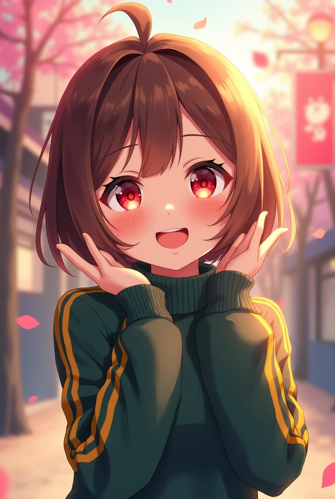 an anime girl with red eyes and short brown hair wearing a dark green and yellow with two stripes on a turtleneck sweater doing a cute pose