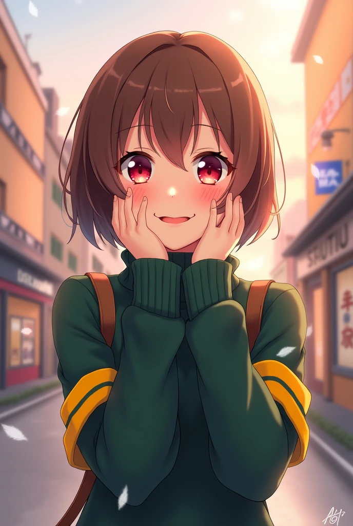 an anime girl with red eyes and short brown hair wearing a dark green and yellow with two stripes on a turtleneck sweater doing a cute pose
