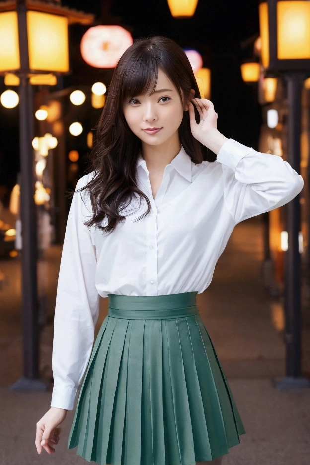 One person,Sexy pose,Highest quality,Masterpiece 8K,High resolution,High resolutionの不条理:1.2,400 for Kodak Port,フィルムグRayン,Blurry bokeh:1.2,(Bright colors:1.2),reality_Ray_trace,Pleated skirt,White shirt,