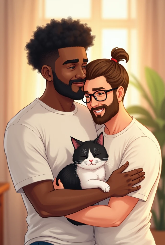 A Illustration of a brown-skinned man, with a mustache and goatee, short, curly, black hair, Wearing white short sleeve t-shirt, hugging a white man, who wears glasses, with thin lips and a shy smile wearing a white short-sleeved t-shirt, With straight, brown hair with a topknot, holding a cat with black and white fur.