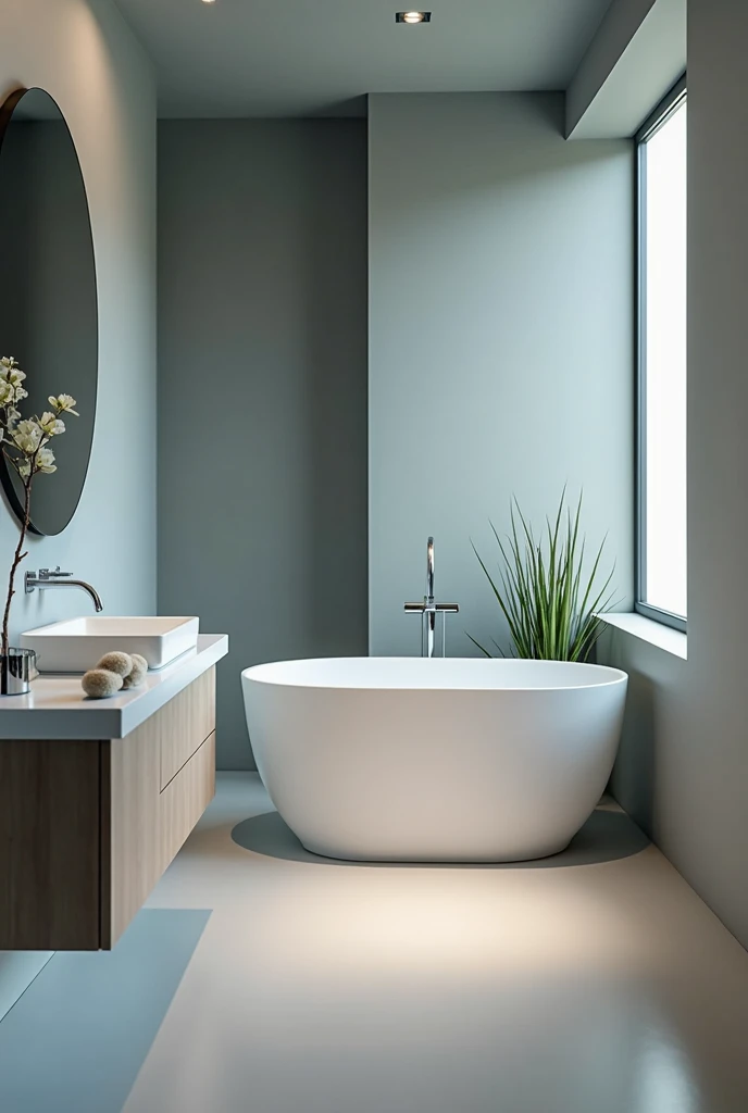 An elegantly designed home bathroom , with a minimalist style. The focus is on cleanliness and simplicity of the space. This description is for a photograph that captures the sleek, modern aesthetic of the bathroom.. The image shows the flawless surfaces, elegant lines, and thoughtful design elements that elevate the mundane space into a sophisticated oasis. Lighting highlights every detail, creating a sense of elegance and refinement that sets it apart from typical home bathrooms. the color of a wall in a grayish blue tone, portrays all sophistication and calm.