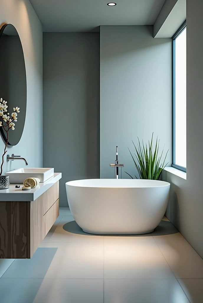 An elegantly designed home bathroom , with a minimalist style. The focus is on cleanliness and simplicity of the space. This description is for a photograph that captures the sleek, modern aesthetic of the bathroom.. The image shows the flawless surfaces, elegant lines, and thoughtful design elements that elevate the mundane space into a sophisticated oasis. Lighting highlights every detail, creating a sense of elegance and refinement that sets it apart from typical home bathrooms. the color of a wall in a grayish blue tone, portrays all sophistication and calm.