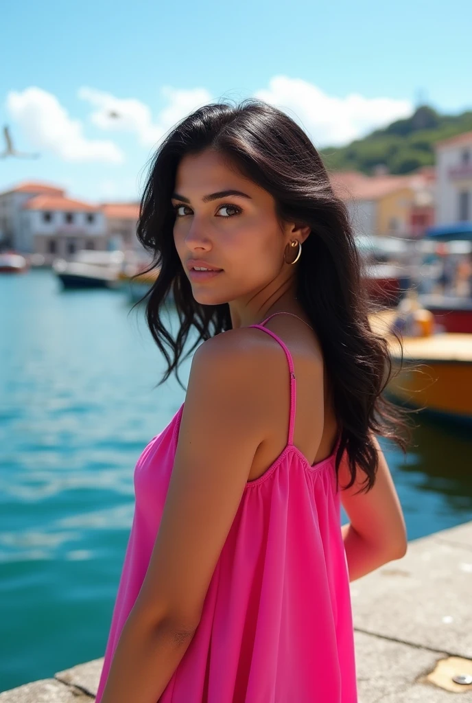 Brazilian woman, 30years, Caucasian skin, olhos amendoados, black hair slightly wavy at the ends, pink dress in the scenery of a port