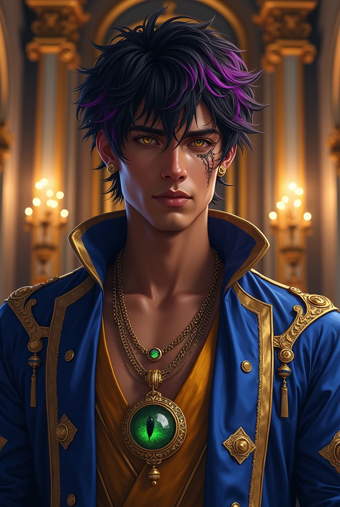 Male Black hair with purple tips short messy, royal clothes, dark skin with a scar from the cheek to near the right eye, golden eyes. wears a necklace that looks very much like a green dragon's eye