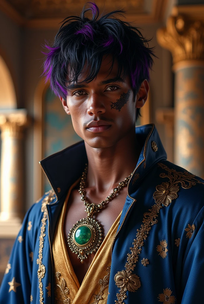 Male Black hair with purple tips short messy, royal clothes, dark skin with a scar from the cheek to near the right eye, golden eyes.  wears a necklace that looks very much like a green dragon's eye