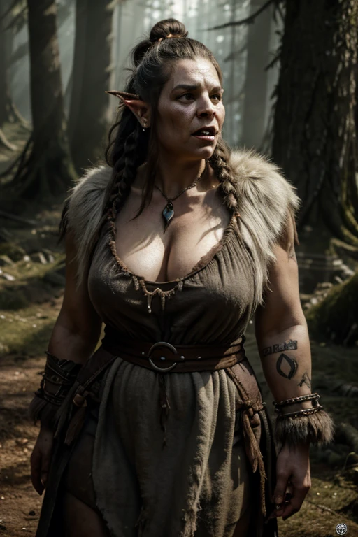 Ugly orc woman, big fangs, female orc, (grey pale skin) , peaceful expression, dirty clothes and hair, wool and fur clothes, (wearing dirty linen dress), bone jewelry, forest background, natural lighting, tribal tattoos, big fat body, highly detailed, 4k, photorealistic, dramatic lighting, cinematic, fantasy art, ultra high quality, sharp Focus, orczor