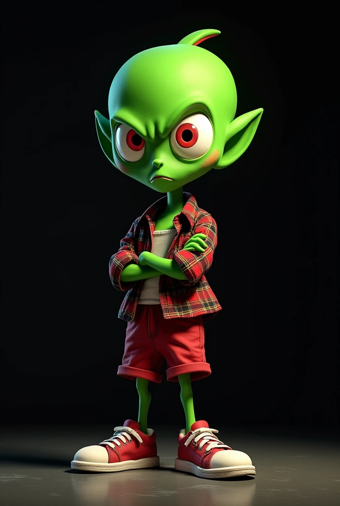 Generate me a cartoon Martian with a black background and red eyes with a serious face and that is cholo