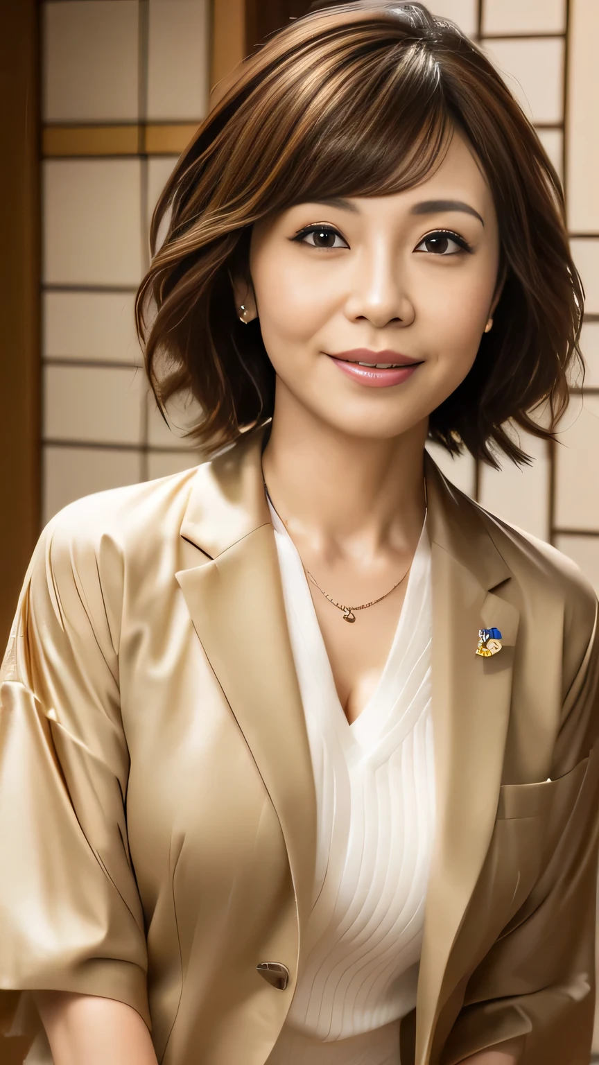 ((Highest quality)), ((8k)), ((masterpiece: 1.3)), (Perfect looks), (Photorealism: 1.6), (A woman standing in a love hotel room), She is a calligraphy teacher。Japanese women, (40 years old), Married Woman, ((Realistic skin texture: 1.8)), (Fine wrinkles that appear all over the skin: 1.3), (Dullness: 1.1), (Unmoisturized skin: 1. 2)、(Facial wrinkles:0.9)、(Wrinkles around the eyes:1.2)、double eyelid、Lower eyelid tear sulcus、(Teardrop:0.9)、The eyes are watching me、Smiling with lips slightly open、(Dimples:1.2)、(Hair is short bob cut:1.4)、(Wearing an expensive office suit)、(Close-up photo focusing on upper body)、Ordinary housewife、In the city、(Close-up photo focusing on upper body)、Center the screen、Watching the audience、