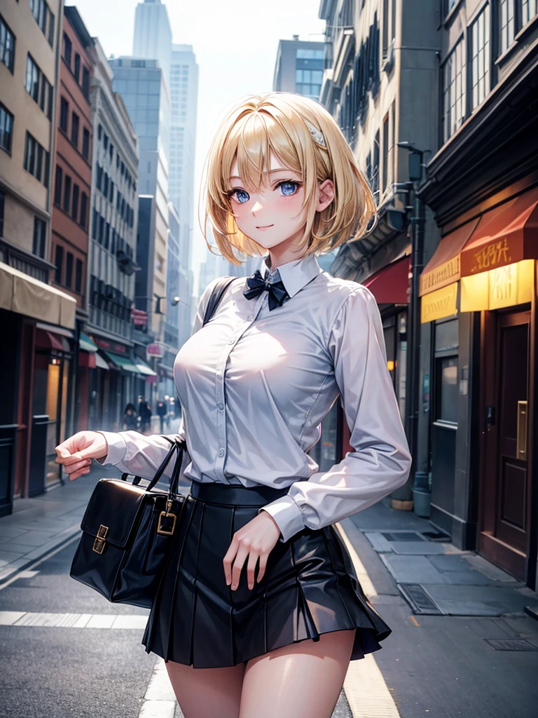 Anime style, super fine illustration, highly detailed, beautiful detailed, pale tone image, static representation, gentle expression, 8k, pretty 1girl with blonde straight short hair & blue eyes & a bright smile & full bust & soft fair skin is wearing big white business shirt not to show her skin & black tight skirt & 1business bag, on the business building street, in the morning, brilliant particles of lights, romantic stories, solo, perfect fingers, perfect arms, perfect legs, masterpiece.