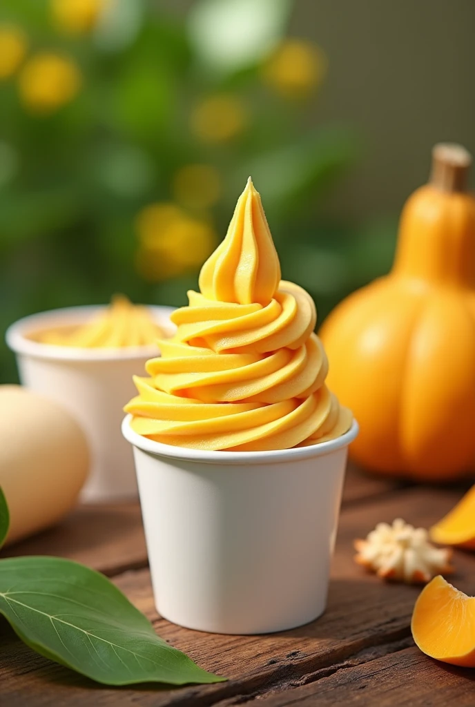 (Realistic), (Advertisement), (tasty looking)
SQUASH ICE CREAM, small white container close, table, Philippines style, up close picture, the ice cream is put inside a small container with cover, a closed container with ice cream on the back, smaller container, small amount of ice cream inside