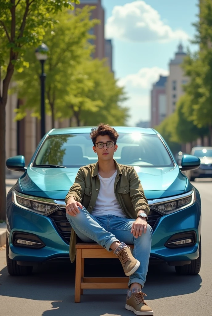 Young man with glasses sitting on chair in front of HONDA 