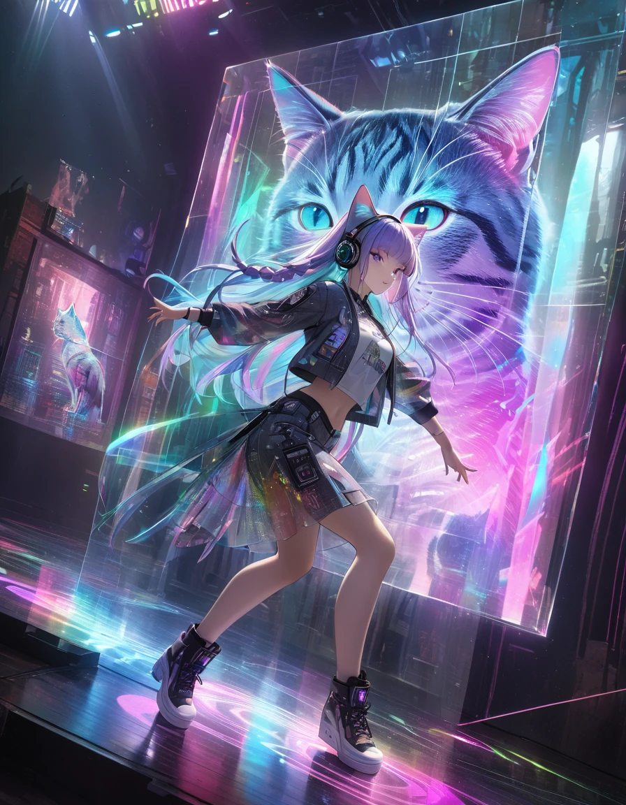 Full color, (transparency:2.0), BREAK Ultra-realism, Detailed and realistic skin texture, Detailed and intricate texture, Detailed and intricate brushwork, Detailed and clear depiction, Transparent depiction, aesthetic, Girl with cat, DJ girl in a club, cyber punk, White and purple gradient braided long hair, Neon holographic transparent cat dancing like a human, BREAK Neon Art Background, Cinematic lighting effects, Transparent light, Mysterious Light, Fantastic Fog, Cryptical, BREAK ((Phantasmal iridescent, holographic)), (Detailed and transparent depiction, transparency:1.6),