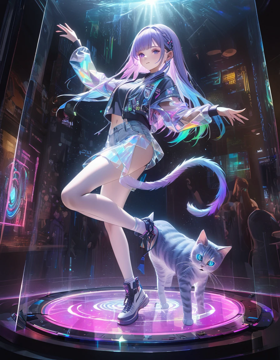 Full color, (transparency:2.0), BREAK Ultra-realism, Detailed and realistic skin texture, Detailed and intricate texture, Detailed and intricate brushwork, Detailed and clear depiction, Transparent depiction, aesthetic, Girl with cat, DJ girl in a club, cyber punk, White and purple gradient braided long hair, Neon holographic transparent cat dancing like a human, BREAK Neon Art Background, Cinematic lighting effects, Transparent light, Mysterious Light, Fantastic Fog, Cryptical, BREAK ((Phantasmal iridescent, holographic)), (Detailed and transparent depiction, transparency:1.6),