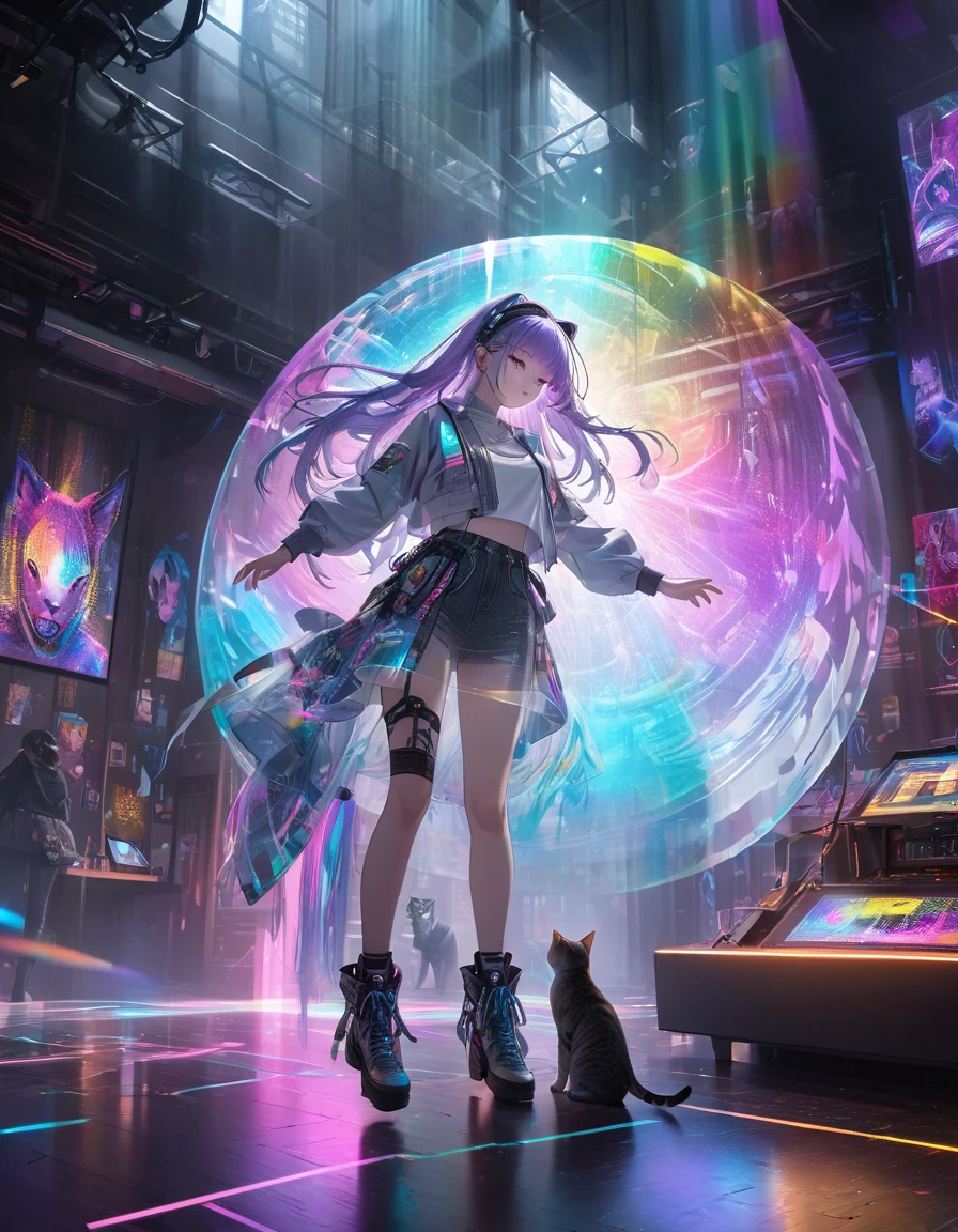 Full color, (transparency:2.0), BREAK Ultra-realism, Detailed and realistic skin texture, Detailed and intricate texture, Detailed and intricate brushwork, Detailed and clear depiction, Transparent depiction, aesthetic, Girl with cat, DJ girl in a club, cyber punk, White and purple gradient braided long hair, Neon holographic transparent cat dancing like a human, BREAK Neon Art Background, Cinematic lighting effects, Transparent light, Mysterious Light, Fantastic Fog, Cryptical, BREAK ((Phantasmal iridescent, holographic)), (Detailed and transparent depiction, transparency:1.6),