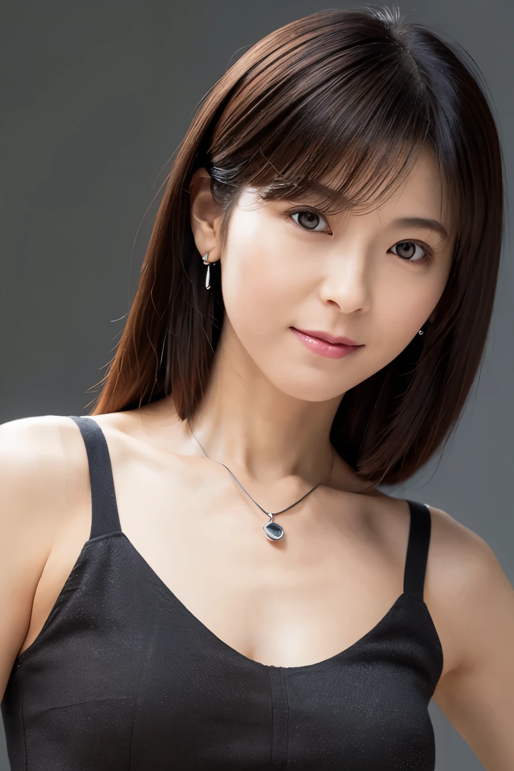 Skinny Japanese woman, Dressed, small head, cute face, detailed face, detailed eyes, (photographrealistic:1.4), (Hyper realistic:1.4), (Realistic:1.3), (Smoother lighting:1.05), (increase cinematic lighting quality:0.9), 32K, 1girl in, 30-years old, Realistic lighting, Backlighting, Light on Face, raytrace, (Brightening light:1.2), (Increase quality:1.4), (Top quality real texture skins:1.4), Black underwear, a necklace, Very thin waist, slender legs, (Increase body line mood:1.1), (Increase the beauty of skin texture:1.1)