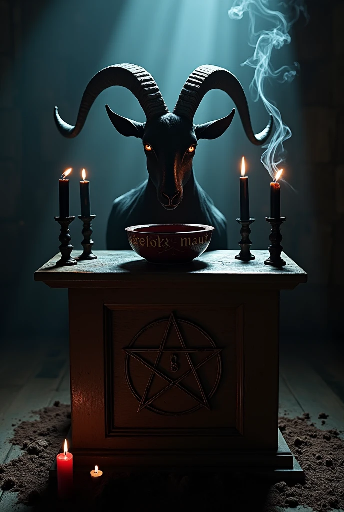 Altar with inverted pentagrams, The head of a black goat on the altar, black candles, Incense smoke rising from a bowl on the altar, which has the word written in blood "Areeba ki maut "