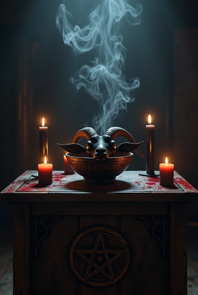 Altar with inverted pentagrams, The head of a black goat on the altar, black candles, Incense smoke rising from a bowl on the altar, which has the word written in blood "Areeba ki maut "