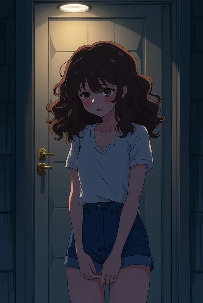 (have to pee, mortified gasp, tearing up expression, holding her crotch hard, full bladder, peeing herself, pissing accident, blush, brow sweat), Brown hair . beautiful woman with curly hair, worried face, fumbling keys, dark apartment porch door at night overhead light glow, manga thought bubble "oh fuck, noo" Anime style,Beautiful colors,Living picture,masterpiece,detailing