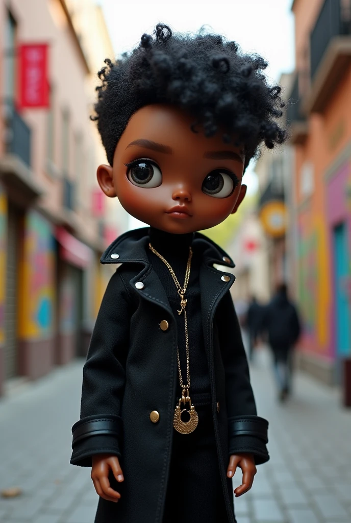 Make a male blythe doll with short black curly hair, with brown skin color and black coat