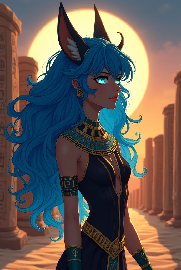 Anime character with blue curly hair and features of the God Anubis.