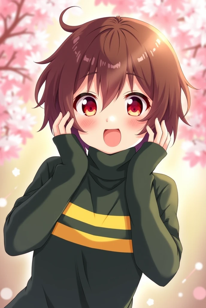 an anime girl with red eyes and short brown hair wearing a dark green and yellow with two stripes on her chest on her turtleneck sweater doing a cute pose
