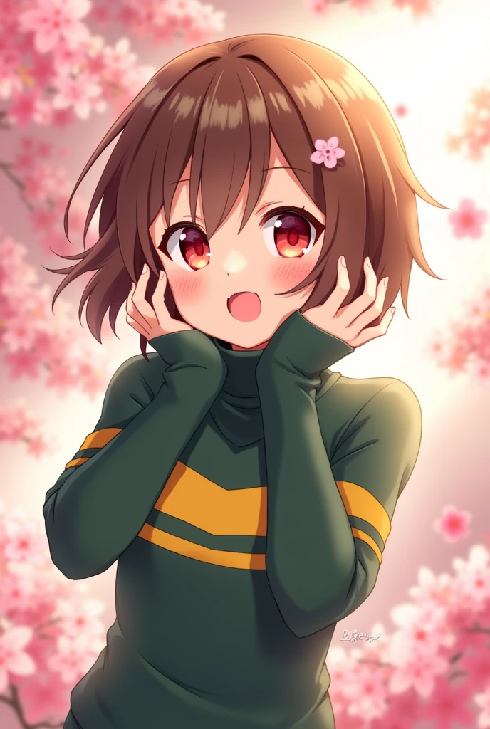 an anime girl with red eyes and short brown hair wearing a dark green and yellow with two stripes on her chest on her turtleneck sweater doing a cute pose
