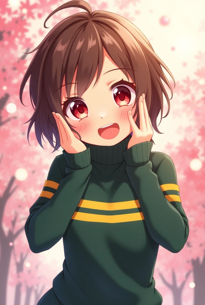 an anime girl with red eyes and short brown hair wearing a dark green and yellow with two stripes on her chest on her turtleneck sweater doing a cute pose