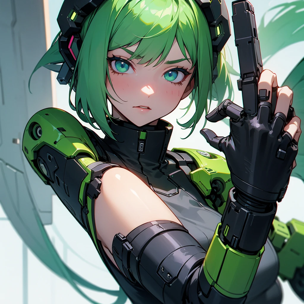 Young green-haired girl with a cybernetic prosthetic arm
