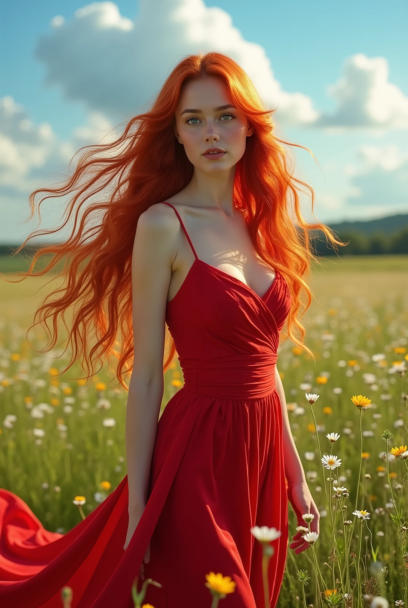  Caucasian female, long red hair, sky blue eyes, red dress outfit 