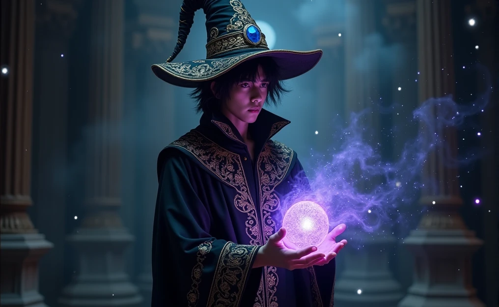 A young and somewhat enigmatic male magician, dressed in a black robe adorned with gold details and bright blue gems. Wear a matching wizard hat, also decorated with gold patterns and a large blue gem in the center. His hair is black and messy, falling slightly under the hat. His eyes are a deep reddish hue, looking intensely. In his hands he holds a purple and blue sphere of magical energy., that emits a mystical light. The environment is dark, with flashes of light and magical energy floating in the air.
The style is typical of an AI that is only a little realistic.