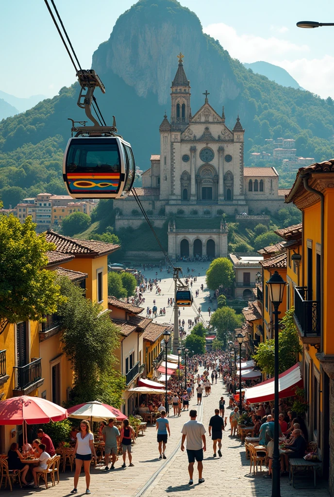 A CITY WITH A HILL WITH A CABLE CAR AND PLACES TO HAVE FUN AND A CHURCH OF THE VIRGIN OF MONSETARRT