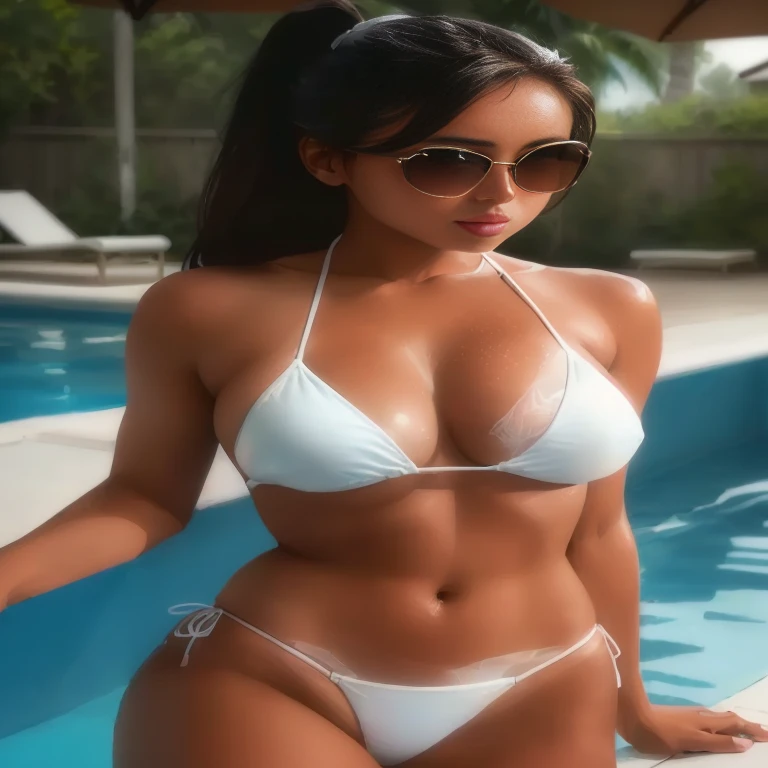 a woman in a white bikini and sunglasses standing next to a pool, gorgeous bikini model, white bikini, attractive body, perfect body, cute bikini, in bikini, wearing a white bikini, perfect body and face, bikini model, beautiful body and face, perfectly shaded body, in a bikini, attractive face and body, tanned, white bra, sexy girl