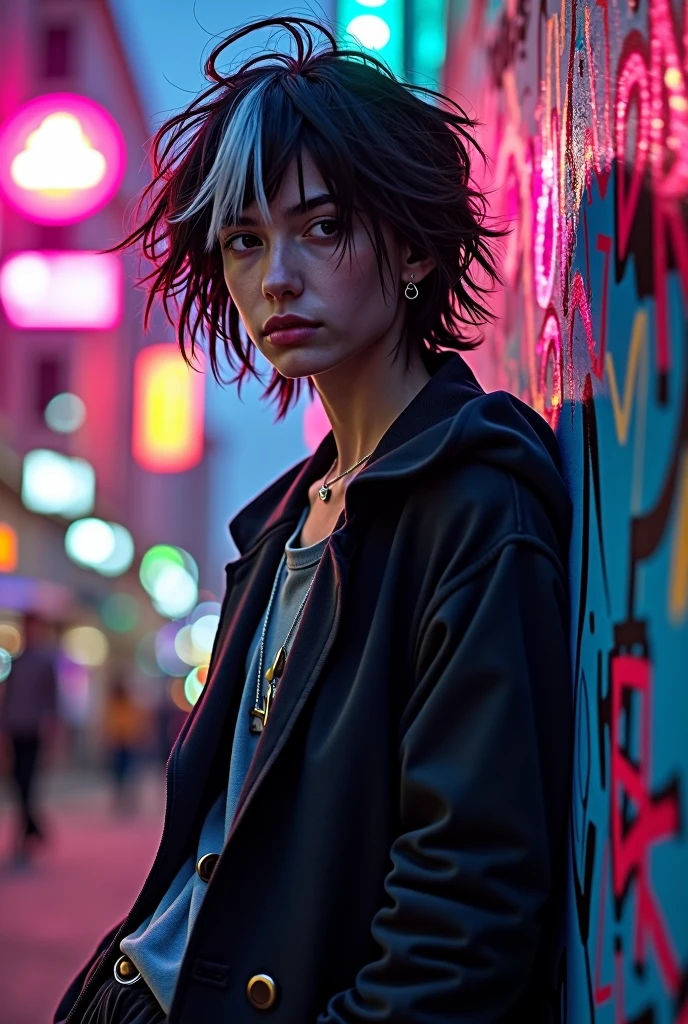 dark-haired teenager with a white streak
